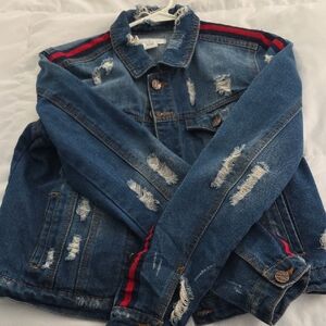 Crave Fame Distressed Denim Jacket with Red Accents